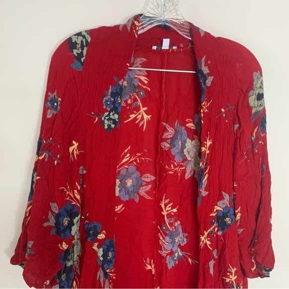 Patrons Of Peace Red Blue Floral Rayon Kimono Open Front M - Picture 7 of 8